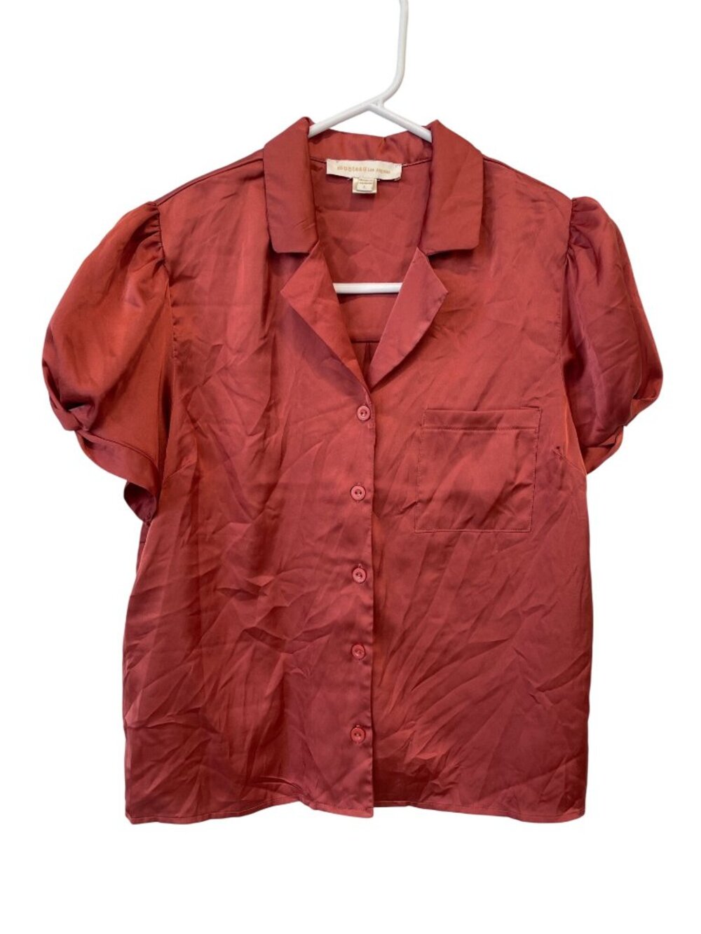 Monteau Los Angeles Shirt Large Satin Button Front Short Sleeve Red Office Wear